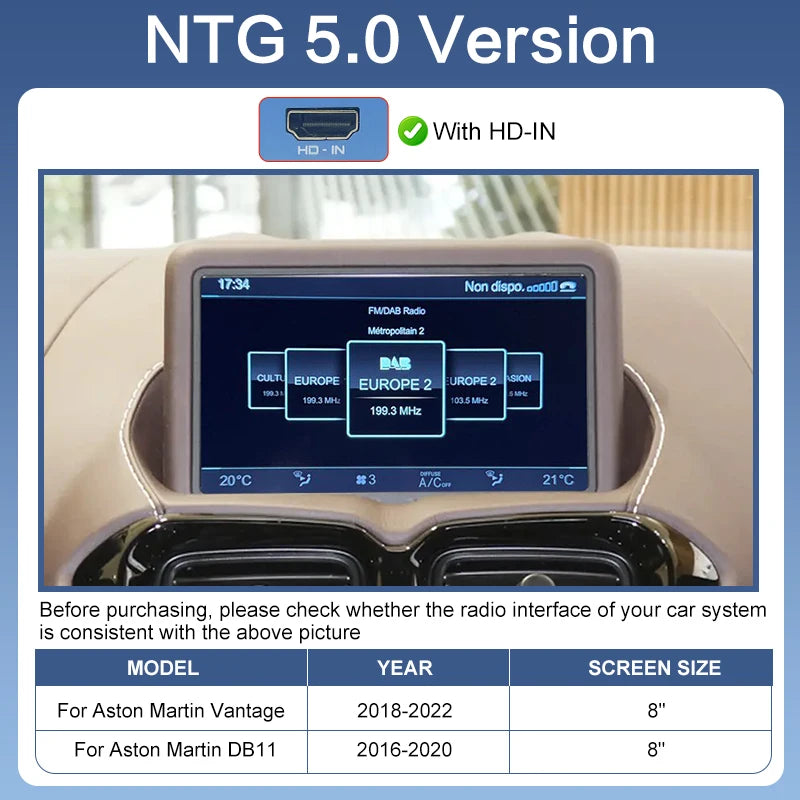 Wireless CarPlay Android Auto Aston Martin Vantage 18-22/DB11 16-20 OEM Screen Upgrade Support Voice Control Camera Portable