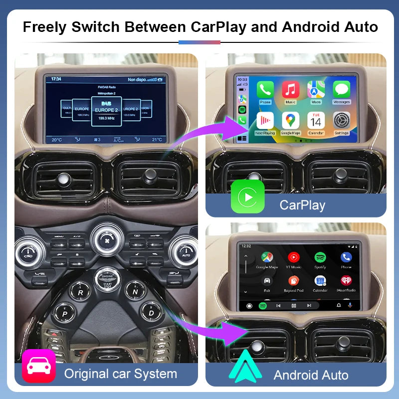 Wireless CarPlay Android Auto Aston Martin Vantage 18-22/DB11 16-20 OEM Screen Upgrade Support Voice Control Camera Portable