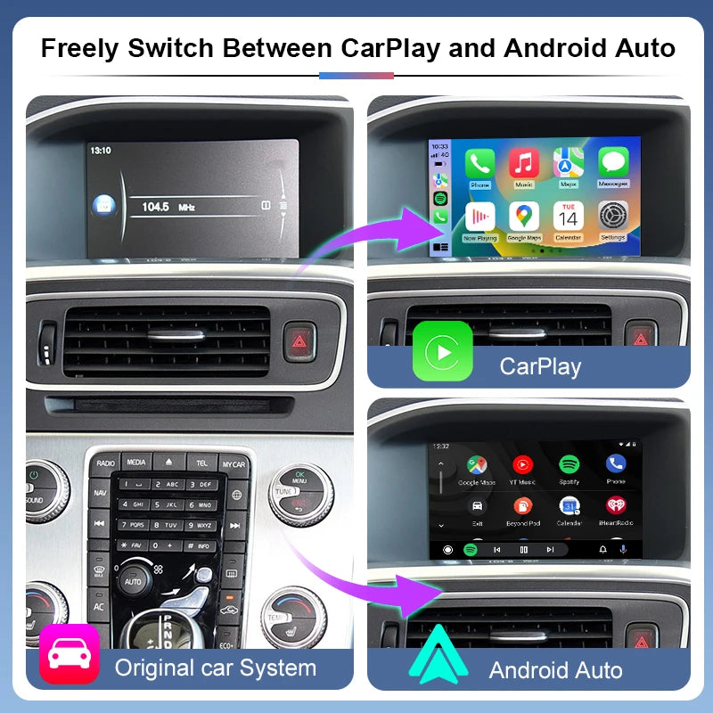 Newest Gen 3 Wireless Apple CarPlay for Volvo S60 S80 XC60 V60 V40 S60L 15-19 Android Auto Box Adapter Mirror Front Rear Cameras
