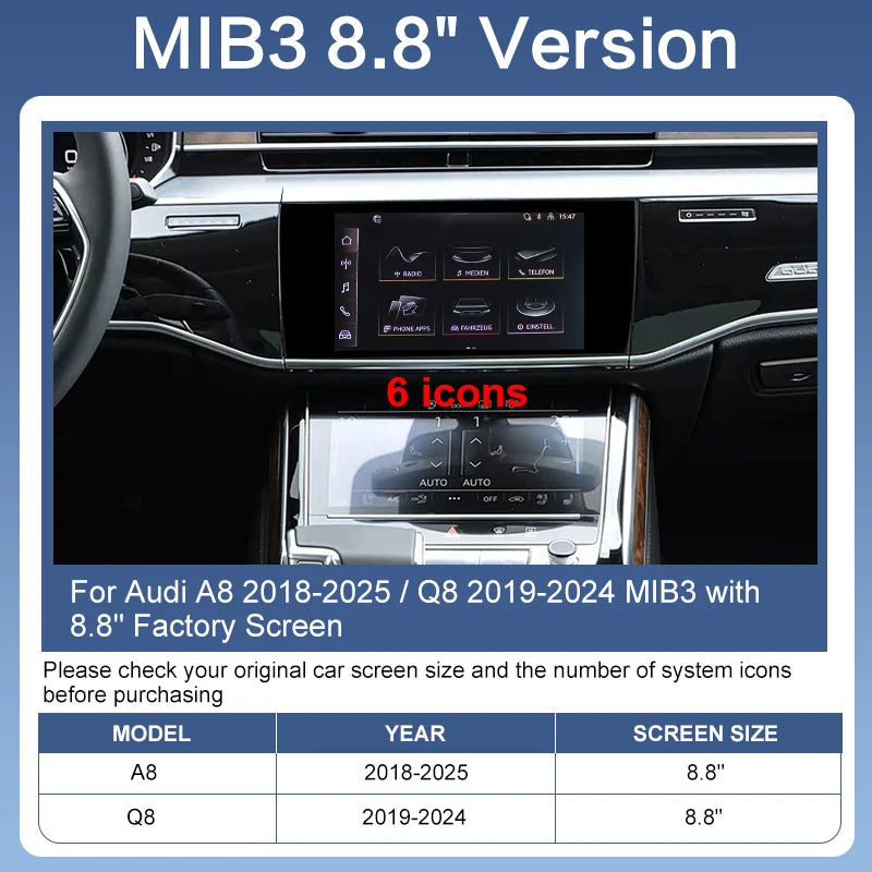 ZTUZAUTO Wireless Apple CarPlay Android Auto Interface for Audi A8 2018-2025/Q8 2019-2024 Steering Wheel Control Voice