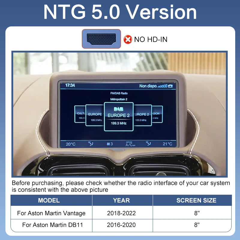 Wireless CarPlay Android Auto Aston Martin Vantage 18-22/DB11 16-20 OEM Screen Upgrade Support Voice Control Camera Portable