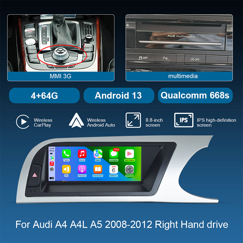 8.8inch Car Radio Multimedia Android13 Screen for Audi A4 A4L A5 2008-2012 with Wireless CarPlay Android Auto Airplay Miracast