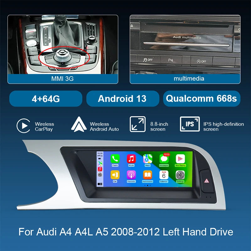 8.8inch Car Radio Multimedia Android13 Screen for Audi A4 A4L A5 2008-2012 with Wireless CarPlay Android Auto Airplay Miracast