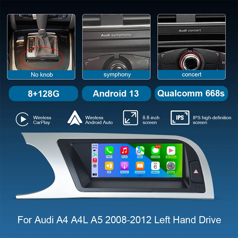 8.8inch Car Radio Multimedia Android13 Screen for Audi A4 A4L A5 2008-2012 with Wireless CarPlay Android Auto Airplay Miracast