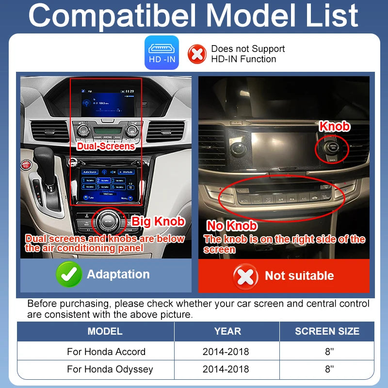 Wireless Carplay for Odyssey/Accord 2014-2018 Android Auto Mirror Link AirPlay Navigation OEM Camera Apple Siri Google