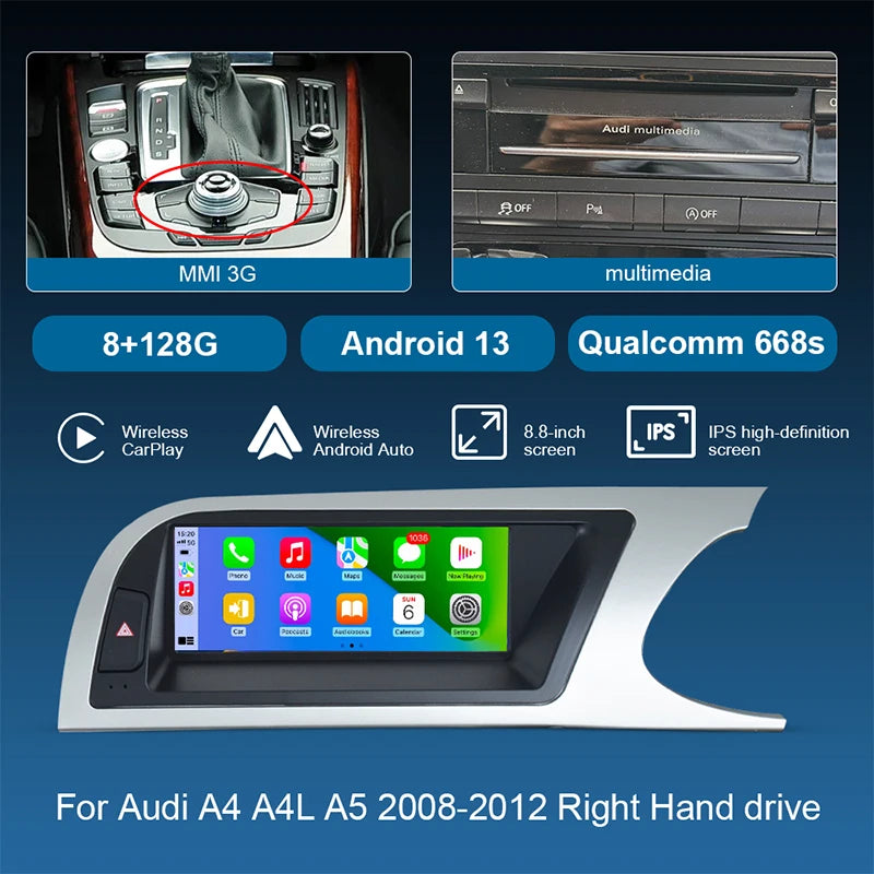8.8inch Car Radio Multimedia Android13 Screen for Audi A4 A4L A5 2008-2012 with Wireless CarPlay Android Auto Airplay Miracast