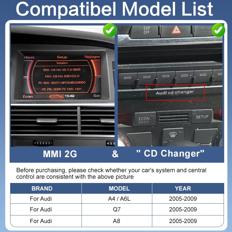 Wireless CarPlay Android Auto Box for Audi A4/A6L/Q7/A8 2005-2009 MMI2G High with AirPlay Mirror Link Functions Reverse Camera