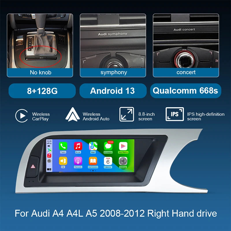 8.8inch Car Radio Multimedia Android13 Screen for Audi A4 A4L A5 2008-2012 with Wireless CarPlay Android Auto Airplay Miracast