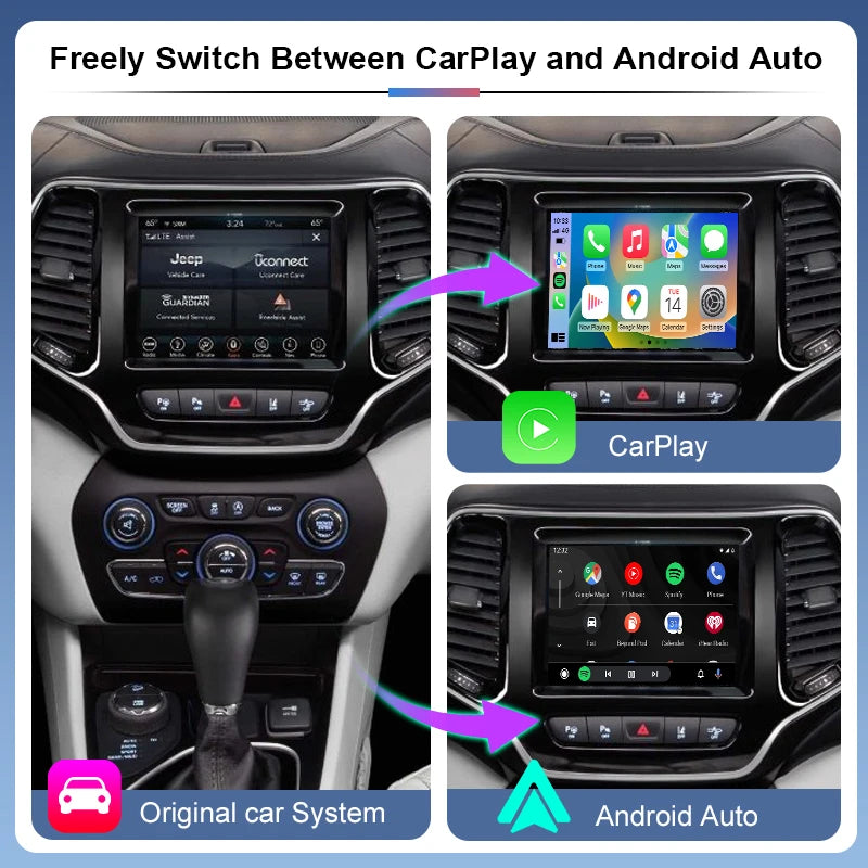 Wireless CarPlay Android Auto Jeep Cherokee/Compass/Grand-Cherokee Support Mirror Multimedia Navigation Aftermarket Camera Voice