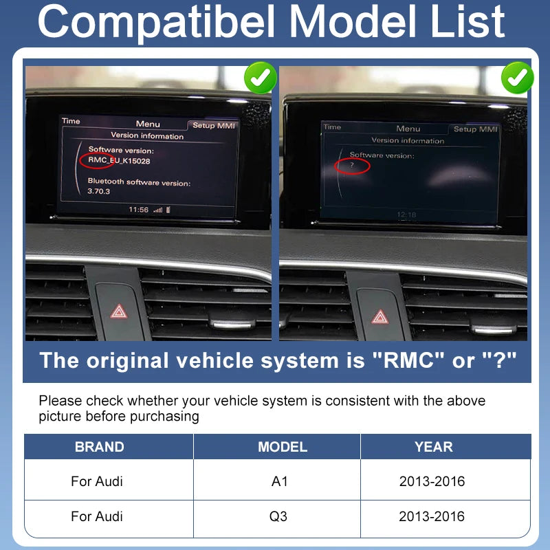 Wireless CarPlay & Android Auto Retrofit Module for Audi A1/Q3 2013-2016 with Touch Control Voice Assist Camera Support