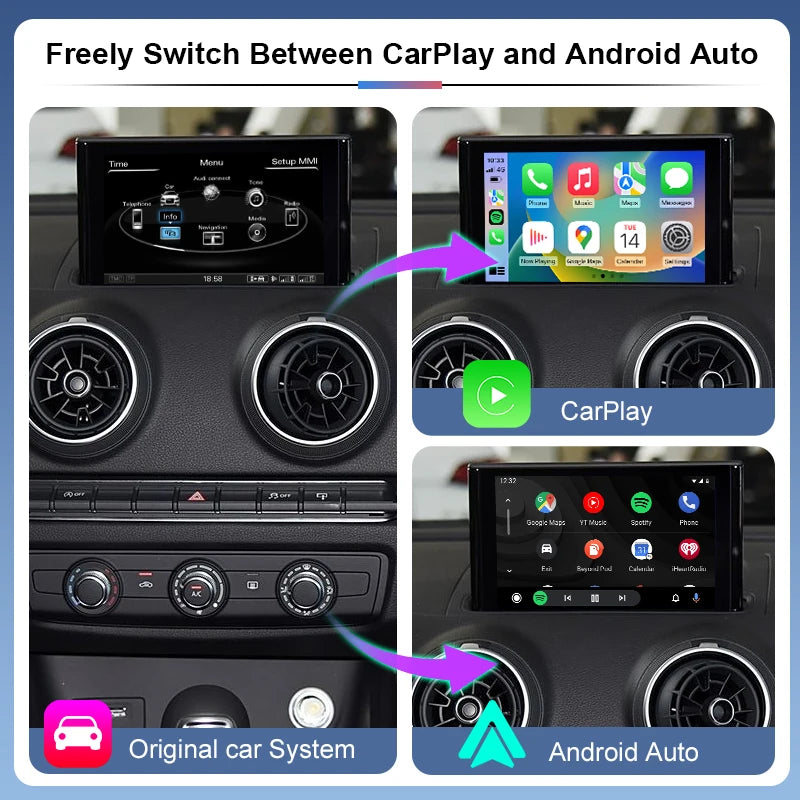 Wireless CarPlay Android Auto Interface ZTUZAUTO for Audi A3 B9 MIB/MIB2 2014-2018 AirPlay Mirror Link Reverse Front Camera Siri