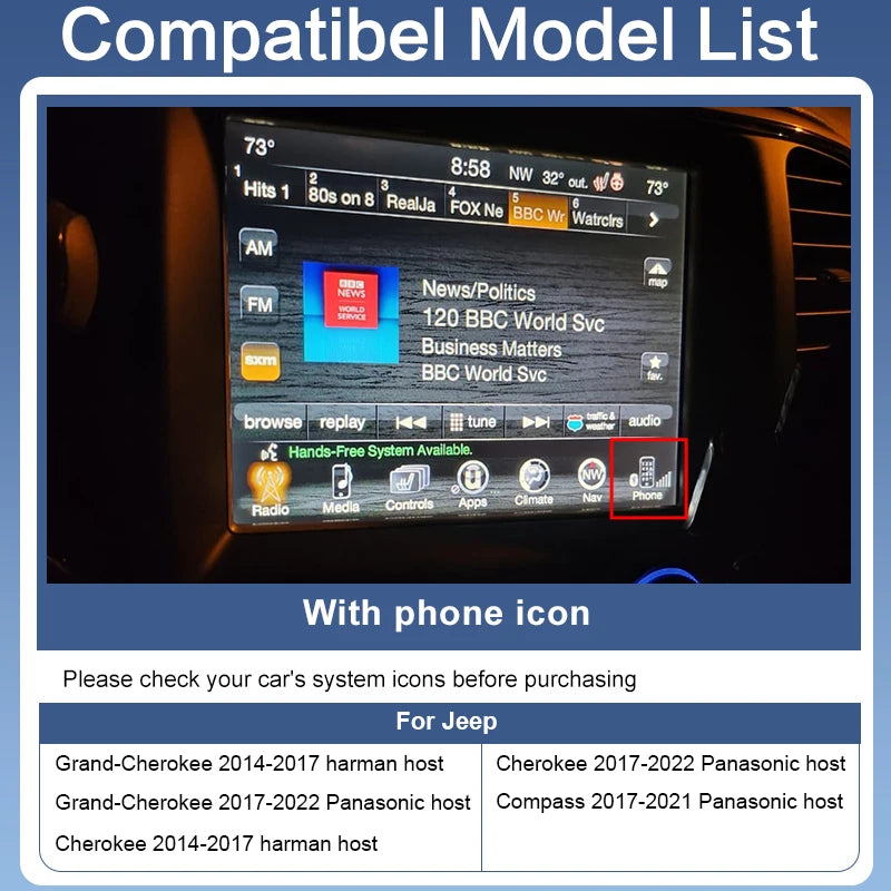 Wireless CarPlay Android Auto Jeep Cherokee/Compass/Grand-Cherokee Support Mirror Multimedia Navigation Aftermarket Camera Voice