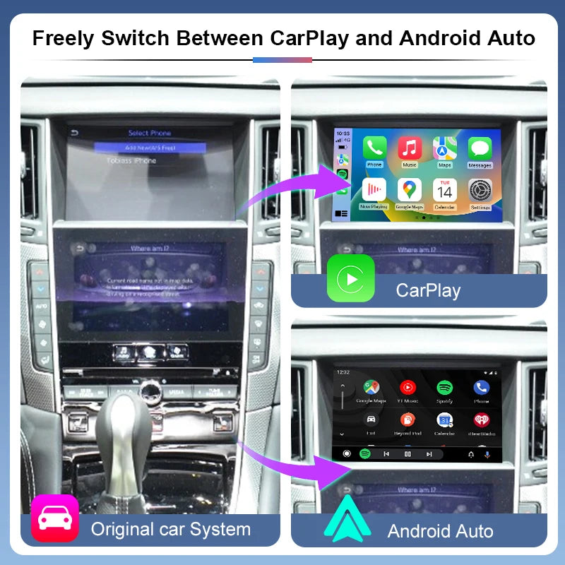 Wireless CarPlay Android Auto Adapter Infiniti QX50/Q60 2013-2015 with Voice Control & Rear/Front Cameras Factory Screen Upgrade