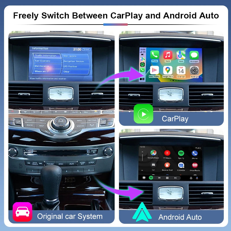 Wireless CarPlay Android Auto Adapter Infiniti Q70/Q70L/QX80 Mirror Link AirPlay YouTube Plug Play Retrofit Kit Voice Control