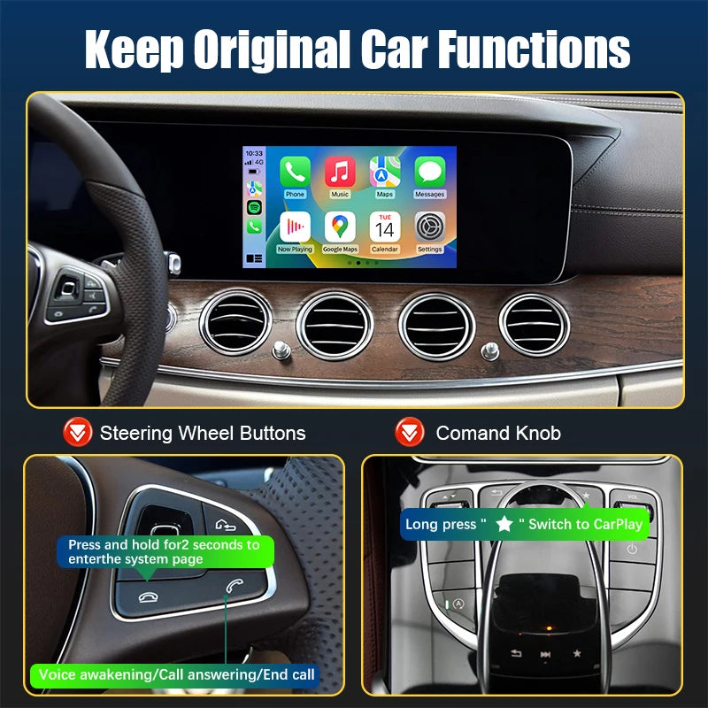 Wireless CarPlay & Android Auto Adapter for Mercedes Benz W205 C-Class 2015-2021 W213 E-Class 2017-2022, Plug&Play OEM Upgrade